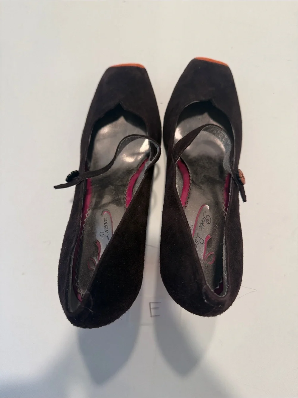 Poetic License Black Suede Mary Jane Heels with Orange Toe Caps